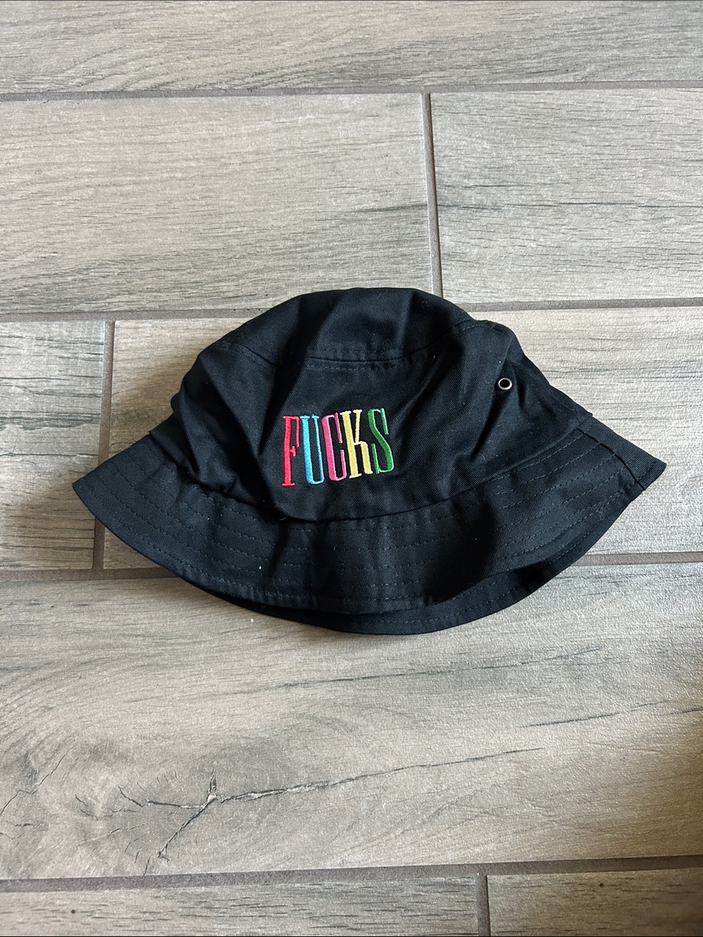 Black Bucket Hat with Multicolor Embroidered Lettering
